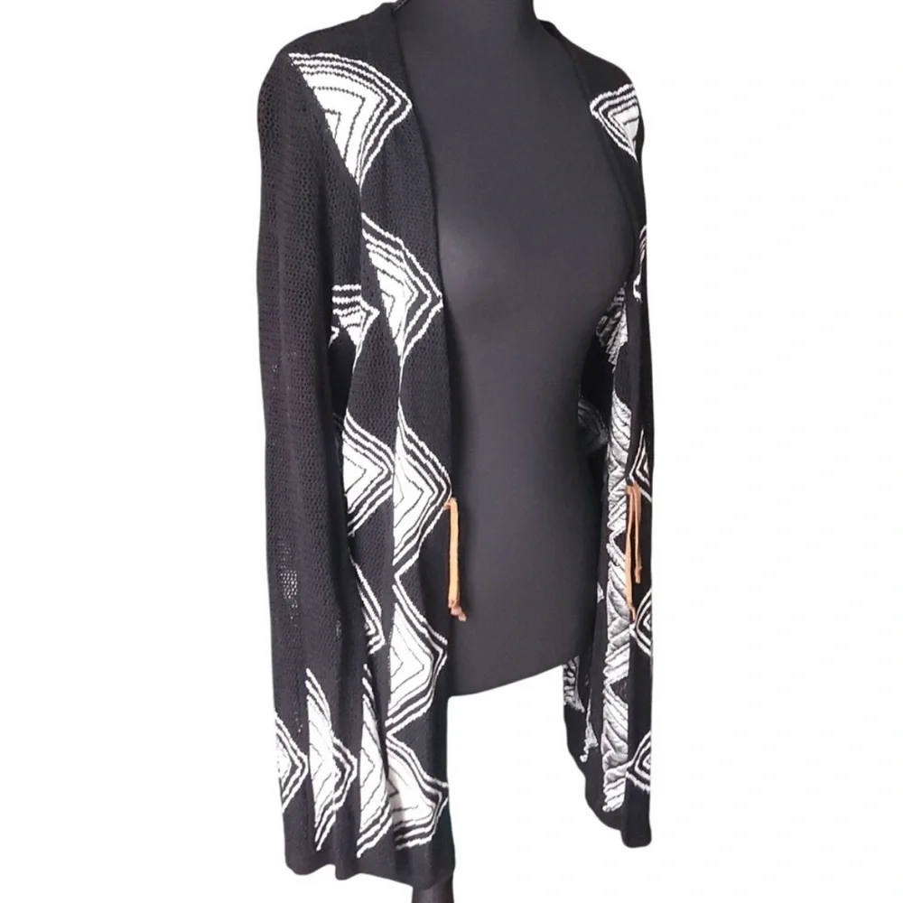 NIC + ZOE Geometric Diamond Knit Open Front Cardigan Sweater Black White Medium